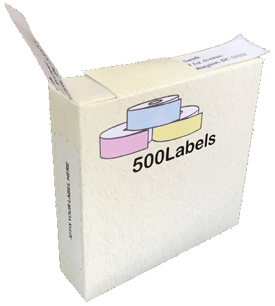 Picture of 4 inch by 4 inch paperboard dispenser box, used as holder for labels.